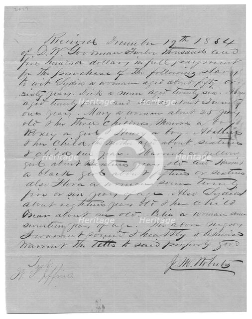 Receipt for $12,500 for slave purchase, 1854-12-19. Creator: Unknown.