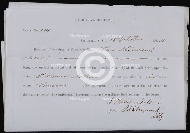 Receipt for $2000 compensation obtained by Warren L. Nelson for slave Laurens, lost in military serv Creator: Unknown.
