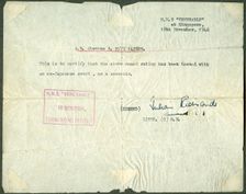 Receipt for a ex-Japanese sword, HMS Venerable Singapore, 1946