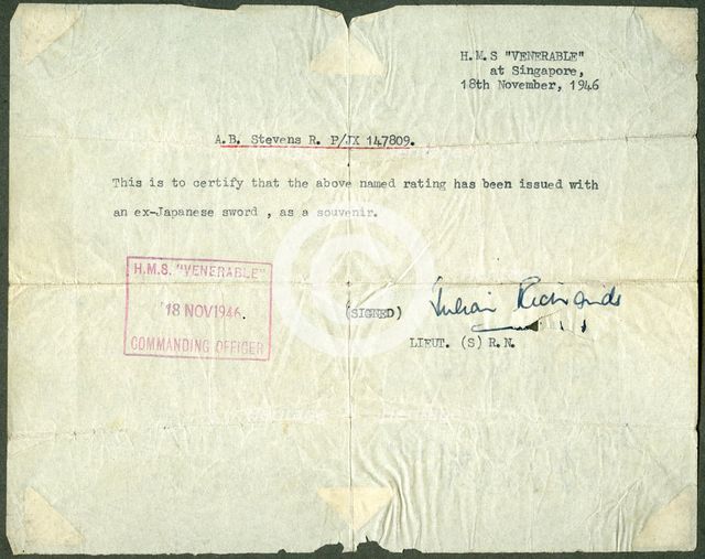 Receipt for a ex-Japanese sword, HMS 'Venerable', Singapore, 1946. Artist: Unknown