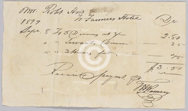 Receipt for "dinners, servants dinners, and horses fed" at the Farmers' Hotel, September 8, 1819. Creator: Unknown.