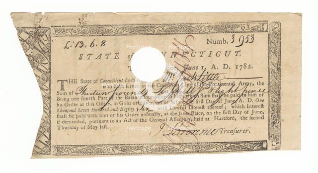 Receipt for payment to Jack Little for his service in the Continental Army, 1782. Creator: Unknown.