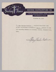 Receipt for payment for a recording session signed by Ray Charles, November 24, 1950. Creator: Unknown
