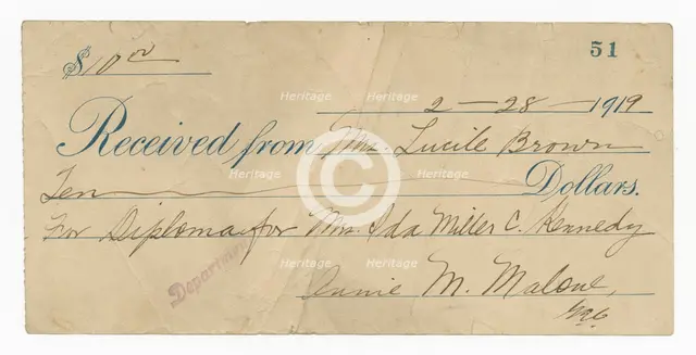 Receipt for ten dollars from Lucille Brown, February 28, 1919. Creator: Unknown.