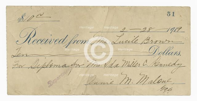 Receipt for ten dollars from Lucille Brown, February 28, 1919. Creator: Unknown.