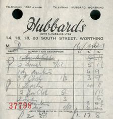 Receipt from Hubbard's department store, 1921. Creator: Unknown
