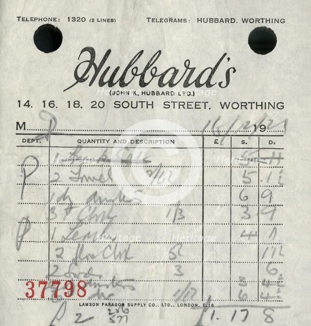 Receipt from Hubbard's department store, 1921. Creator: Unknown.