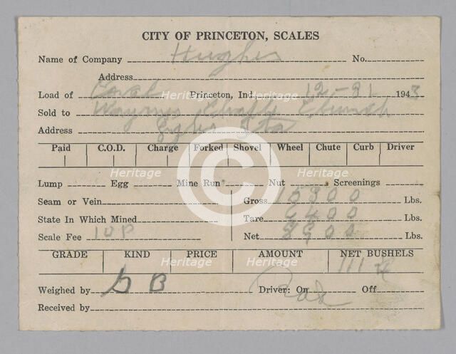Receipt given to the Wayman Chapel A.M.E. Church in Lyles Station, 1943. Creator: Unknown.