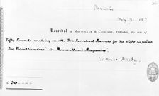 Receipt on behalf of Macmillan & Co Publishers for printing "The Woodlanders" by Thomas Hardy, 1887. Creator: Unknown