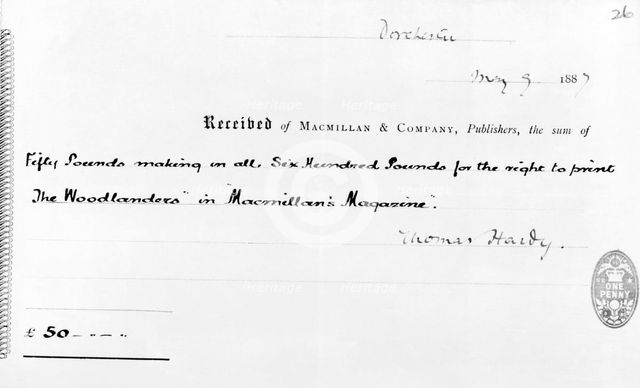 Receipt on behalf of Macmillan & Co Publishers for printing "The Woodlanders" by Thomas Hardy, 1887. Creator: Unknown.