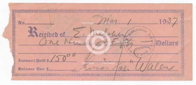 Receipt signed by Fats Waller, March 1, 1937. Creator: Unknown.