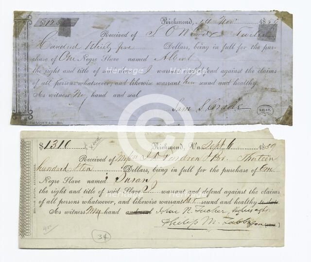 Receipts for sales of slaves, 1859. Creator: Unknown.