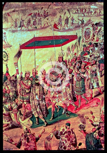 Reception of Moctezuma, detail of a nacred painting of the conquest of Mexico by Hernán Cortés, w…