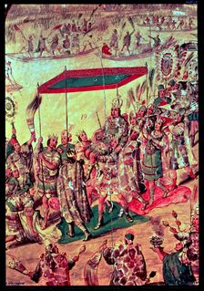 Reception of Moctezuma, detail of a nacred painting of the conquest of Mexico by Hernán Cortés, w…