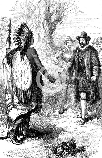 Reception of a Narragansett warrior by John Winthrop, Massachusetts, c1630s (c1880). Artist: Whymper