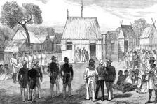 Reception of British naval officers by the native governor of Mohabo, Madagascar, 1881. Creator: Unknown
