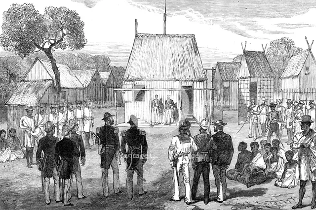 Reception of British naval officers by the native governor of Mohabo, Madagascar, 1881. Creator: Unknown.