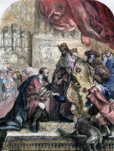 Reception of Columbus by Ferdinand and Isabella, Barcelona, 15th century, (19th century). Artist: Eugene Deveria