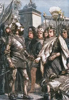 Reception of Cortes by Montezuma 1519, (1890). Creator: Unknown