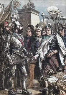 Reception of Cortes by Montezuma 1519, (1890). Creator: Unknown