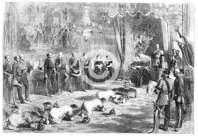 Reception of the Siamese Ambassadors, with Presents, by Her Majesty, at Windsor Castle, 1857. Creator: Unknown.