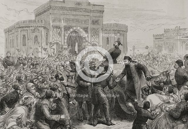 Reception to Osman Nuri Pasha on his entrance to the Ministry of War (Seraskierate)...(1878). Creator: Unknown.