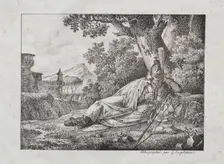 Receuil dessais lithographiques: Dragon fumant couche au pied dun arbre, 1822. Creator: Antoine Pierre Mongin (French, 1761-1827)