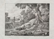 Receuil dessais lithographiques: Dragon fumant couche au pied dun arbre, 1822. Creator: Antoine Pierre Mongin (French, 1761-1827)