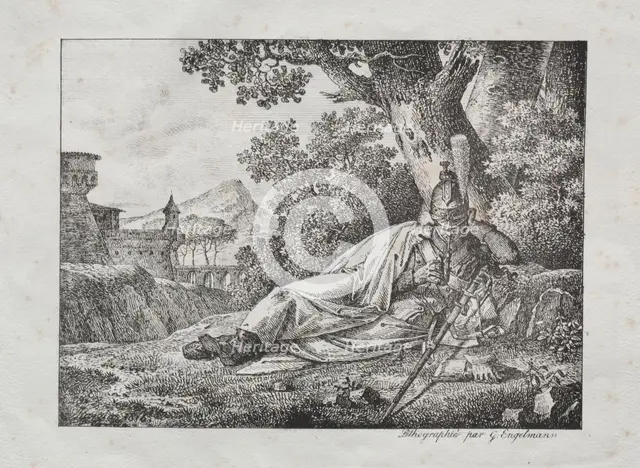 Receuil dessais lithographiques: Dragon fumant couche au pied dun arbre, 1822. Creator: Antoine Pierre Mongin (French, 1761-1827).