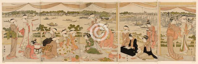 Recital on a verandah overlooking Sumida River, c. 1790/95. Creator: Utagawa Toyokuni I.