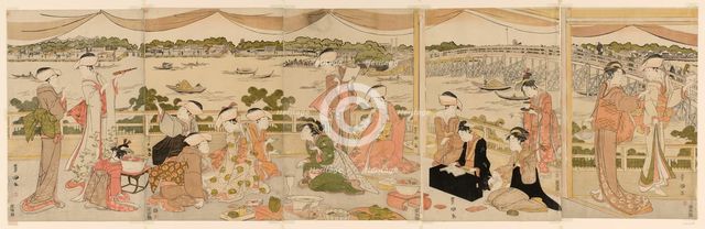 Recital on a verandah overlooking Sumida River, c. 1790/95. Creator: Utagawa Toyokuni I.