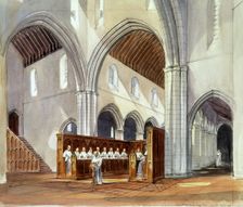 Reconstruction drawing of monks within the monastery of Rievaulx Abbey, North Yorkshire, 1990. Artist: Paul Highnam