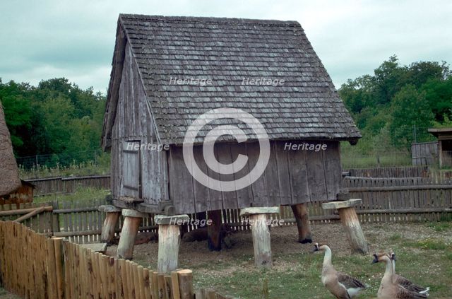 Reconstruction of a Celtic iron-age barn. Artist: Unknown