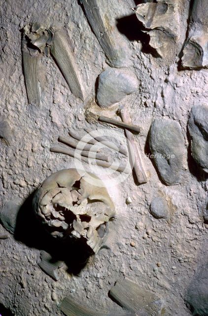 Reconstruction of a high-status neanderthal burial in central Asia. Artist: Unknown