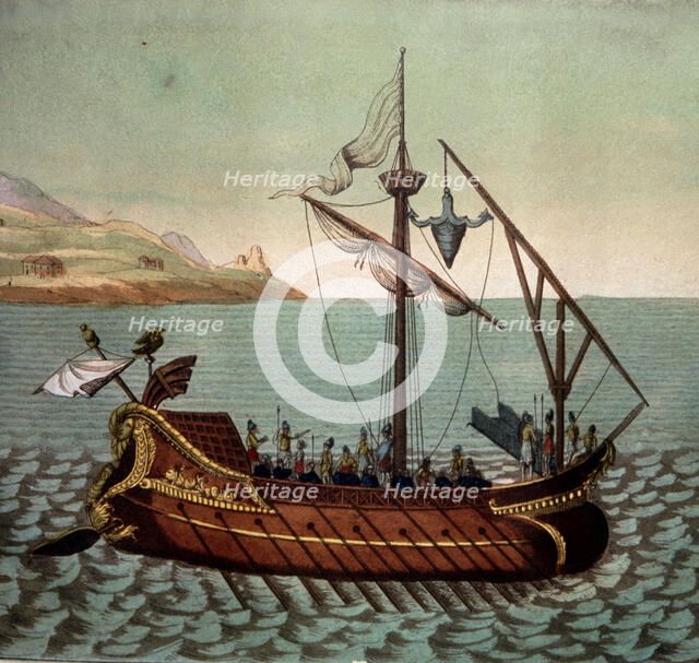Reconstruction of a Roman ship 'El Corvo di Duillio', from customs and manners of the people, Fer…