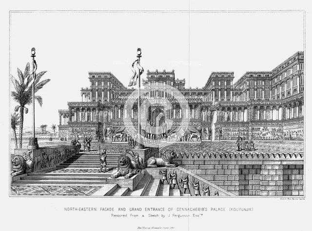 Reconstruction of the north-eastern façade of Sennacherib's palace (Kouyunjik), Assyrian, 1853. Artist: Unknown