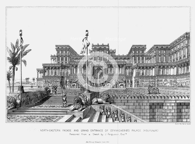 Reconstruction of the north-eastern façade of Sennacherib's palace (Kouyunjik), Assyrian, 1853. Artist: Unknown