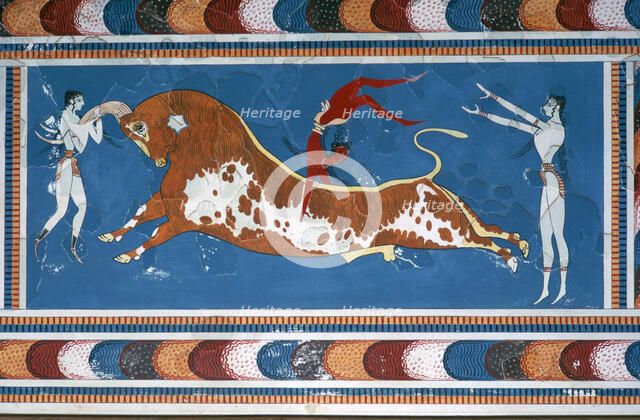 Reconstruction of the 'Bull-leaping' fresco from the Minoan Royal palace at Knossos. Artist: Unknown
