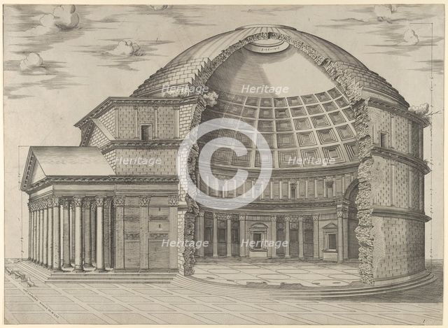 Reconstruction of the Pantheon in Rome, seen from the side, cut away to reveal the interior, 1553. Creator: Anon.