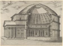 Reconstruction of the Pantheon in Rome, seen from the side, cut away to reveal the interior, 1553. Creator: Anon