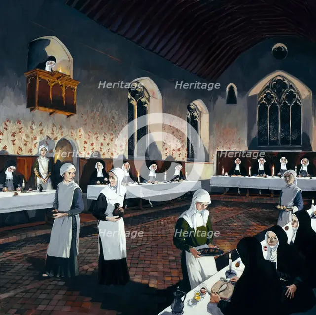 Reconstruction of the refectory during the 15th century, Denny Abbey, Cambridgeshire, 1993. Artist: Terry Ball