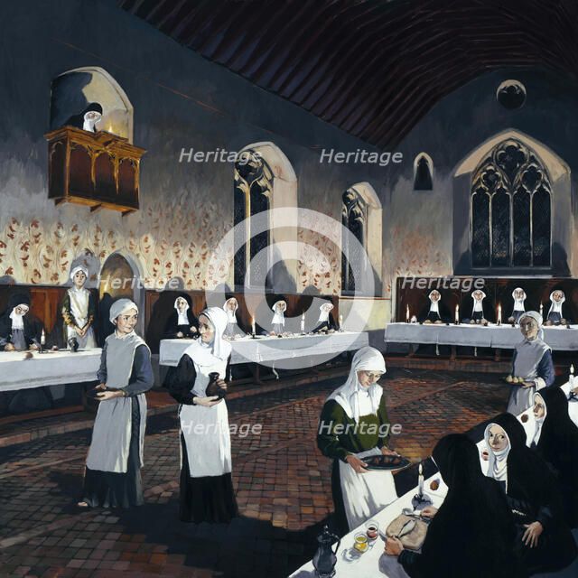 Reconstruction of the refectory during the 15th century, Denny Abbey, Cambridgeshire, 1993. Artist: Terry Ball