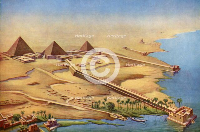 Reconstruction of the three pyramids at Abusir with their temples and approaches, 1933-1934. Artist: Unknown
