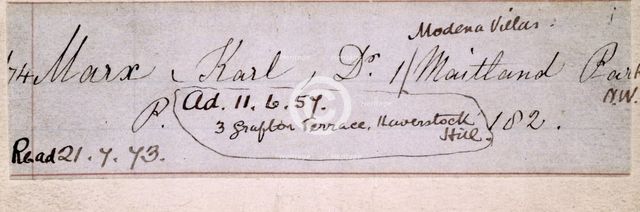 Record of Karl Marx's ticket for the reading room of the British Museum, 1857. Creator: Unknown.
