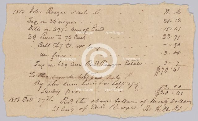 Record of taxable property, including enslaved persons, owned by John Rouzee, October 27, 1813. Creator: Unknown.