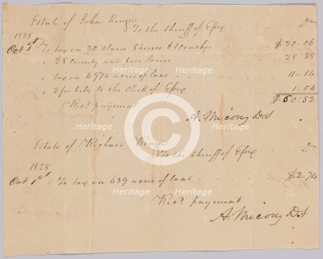 Record of taxable property, including enslaved persons, owned by Rouzee estates, October 1, 1828. Creator: Unknown.