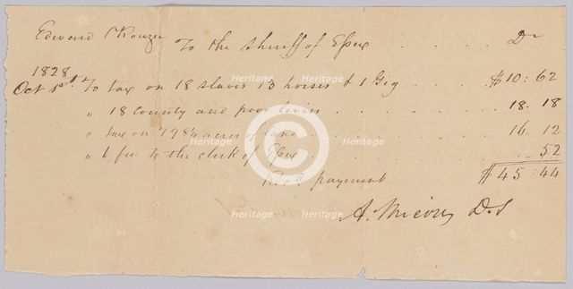 Record of taxes on property, including enslaved persons, owned by Edward Rouzee, October 1, 1828. Creator: Unknown.