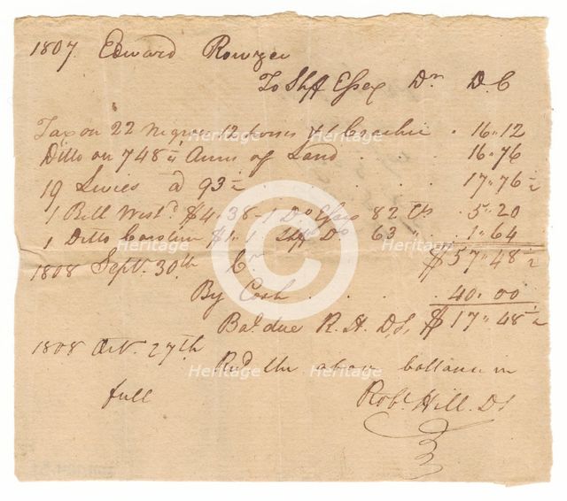 Record of taxes on property, including enslaved persons, owned by Edward Rouzee, October 27, 1808. Creator: Unknown.