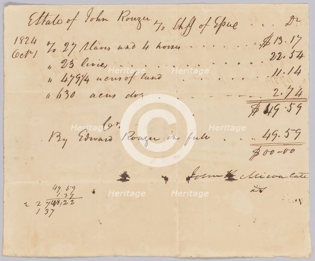 Record of taxes on property, including enslaved persons, owned by John Rouzee, 1824. Creator: Unknown.