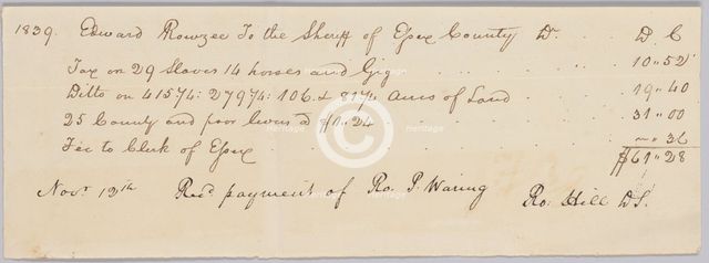 Record of taxes on property, including enslaved persons, owned by John Rouzee, November 12, 1839. Creator: Unknown.